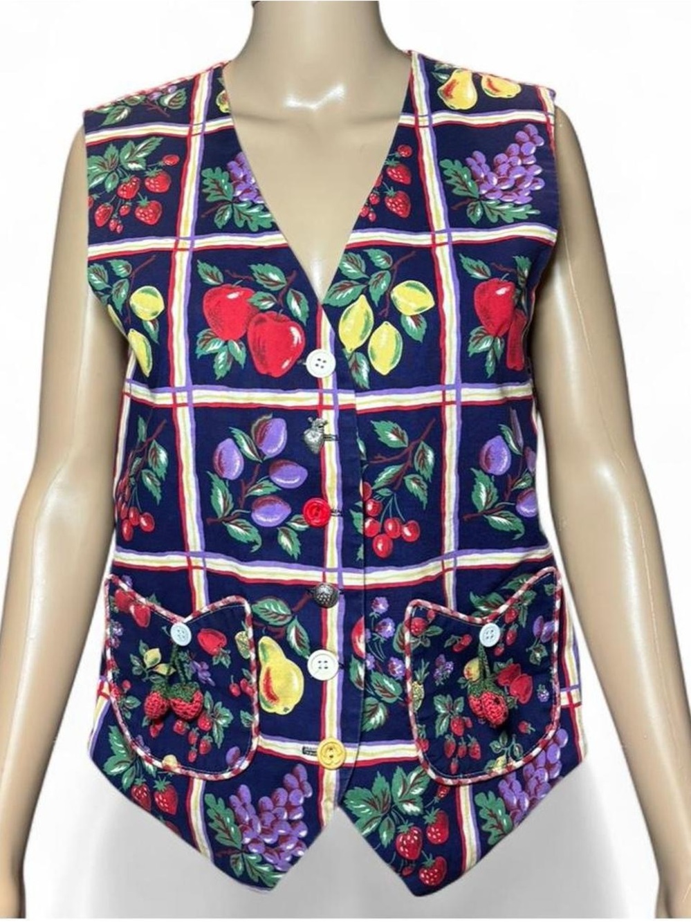 Fruit-Print V-Neck Button Front Tunic Vest - Navy Fruit Pattern
